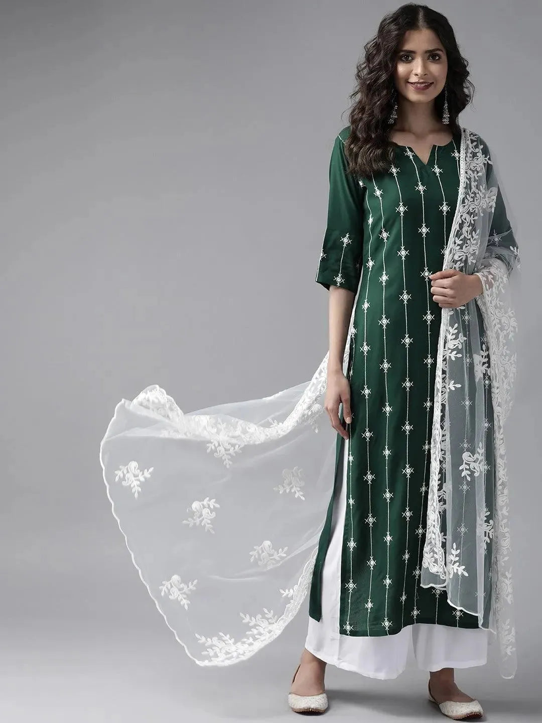 Green Embroidered Rayon Suit Set - Libas