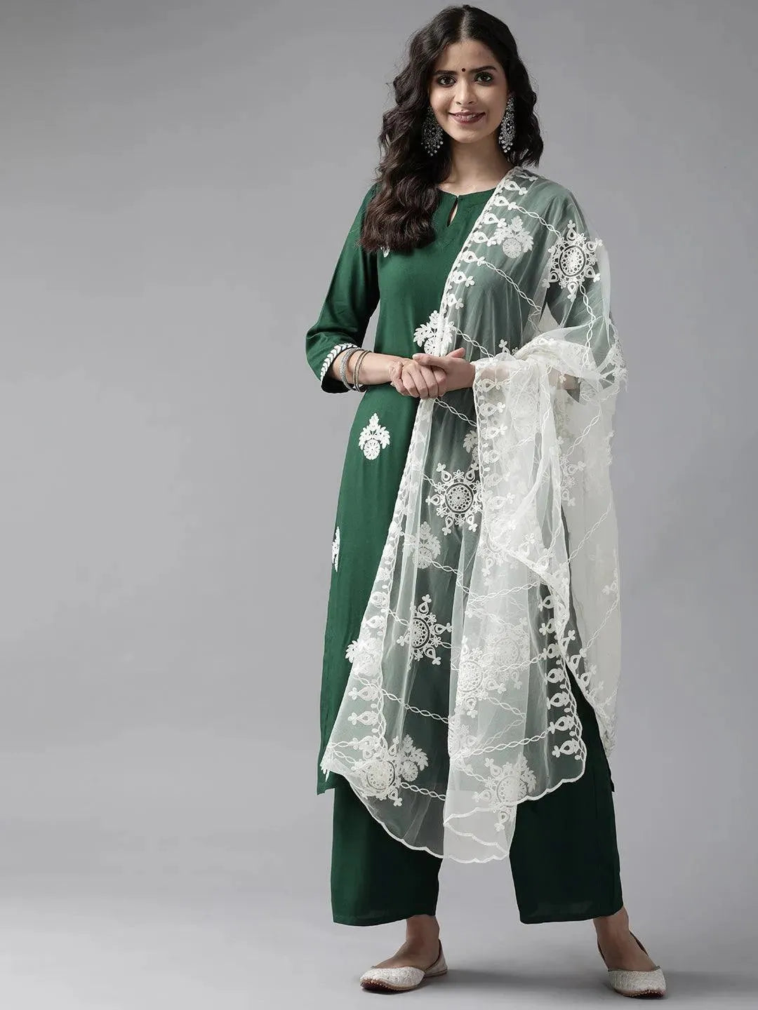 Green Embroidered Rayon Suit Set - Libas