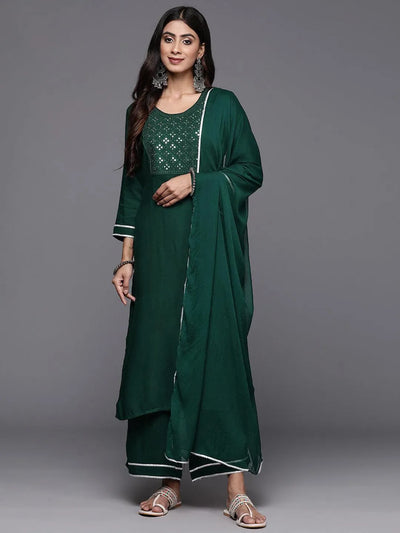 Green Embroidered Rayon Straight Kurta With Palazzos & Dupatta - Libas