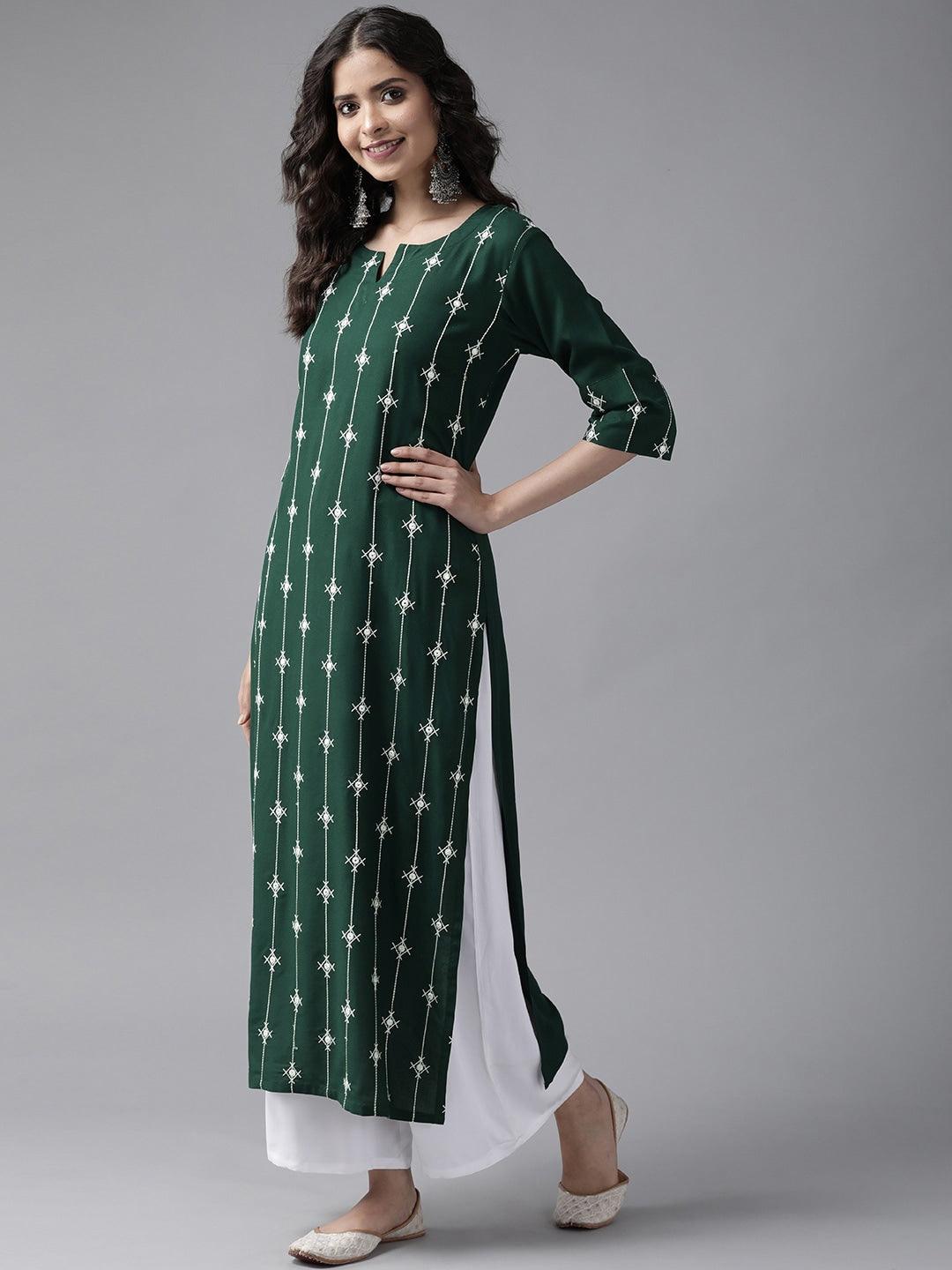 Green Embroidered Rayon Suit Set - Libas