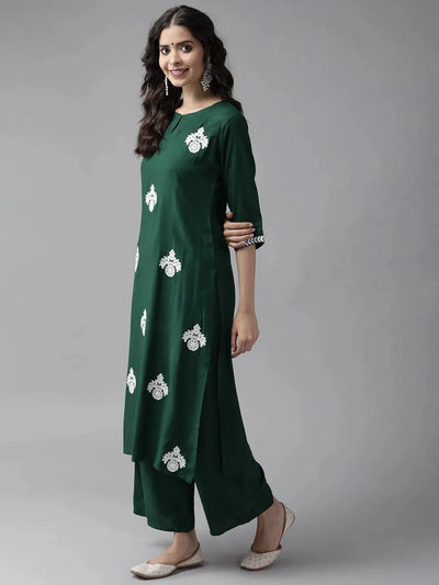 Green Embroidered Rayon Suit Set - Libas