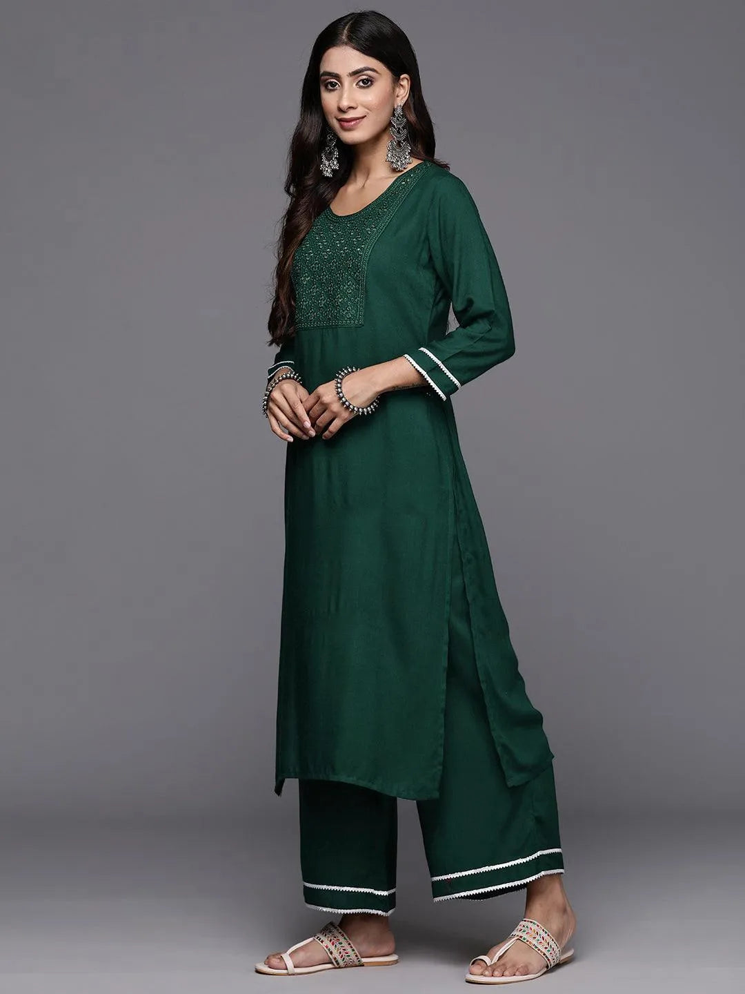 Green Embroidered Rayon Straight Kurta With Palazzos & Dupatta - Libas