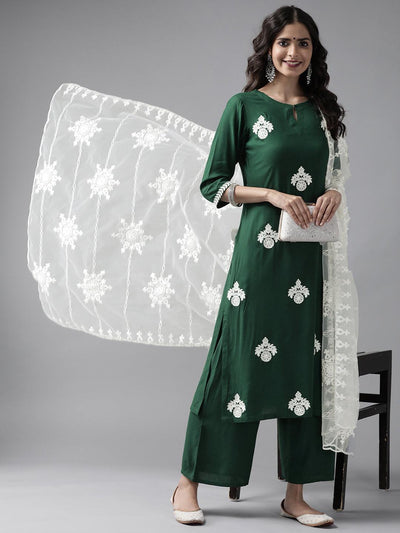 Green Embroidered Rayon Suit Set - Libas