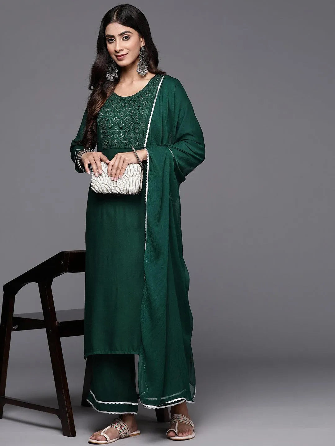 Green Embroidered Rayon Straight Kurta With Palazzos & Dupatta - Libas