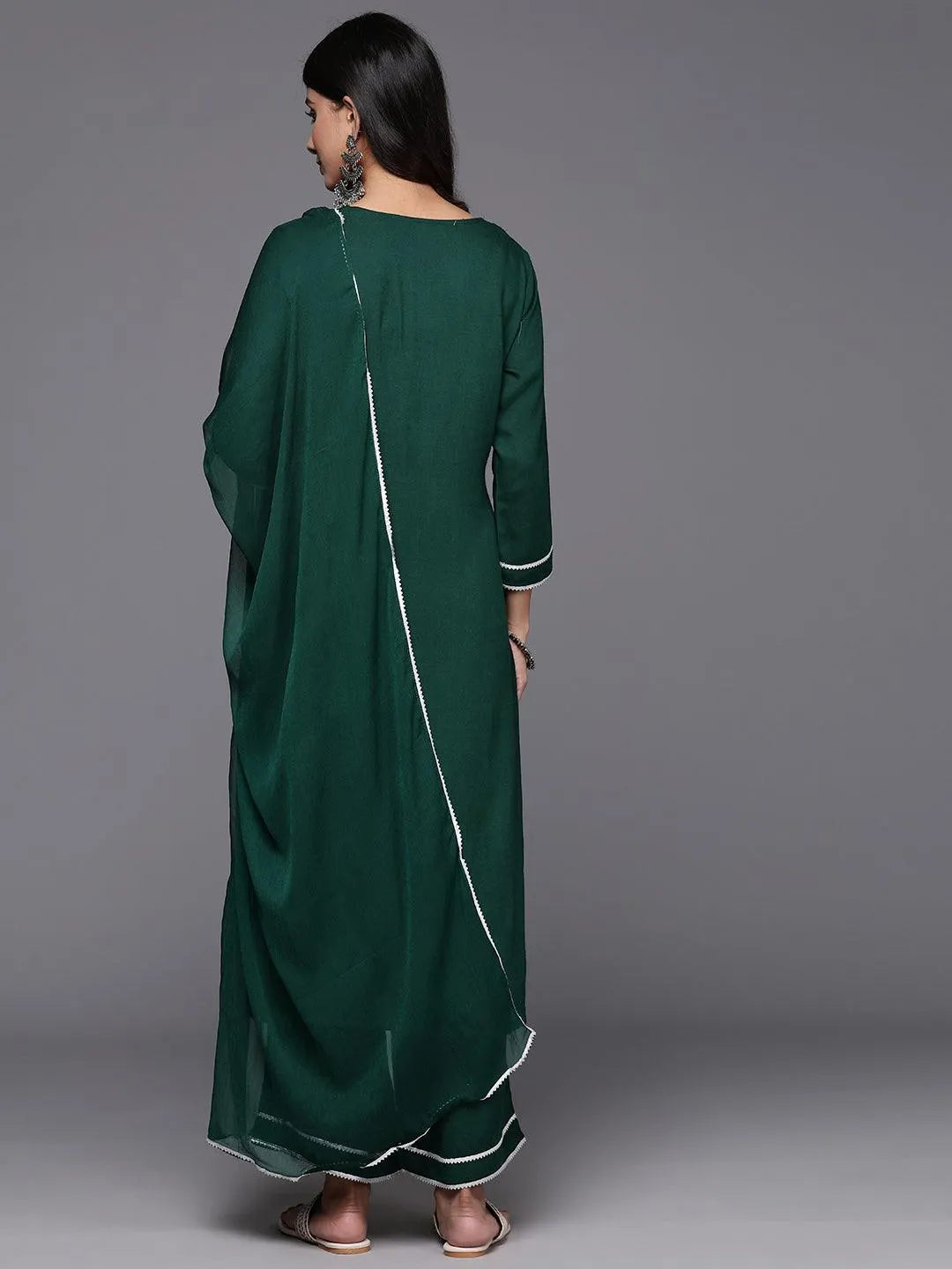 Green Embroidered Rayon Straight Kurta With Palazzos & Dupatta - Libas