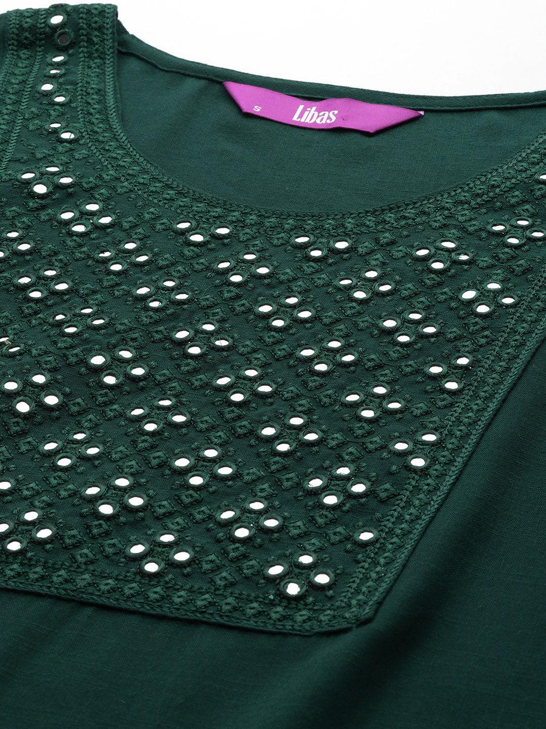 Green Embroidered Rayon Straight Kurta With Palazzos & Dupatta - Libas
