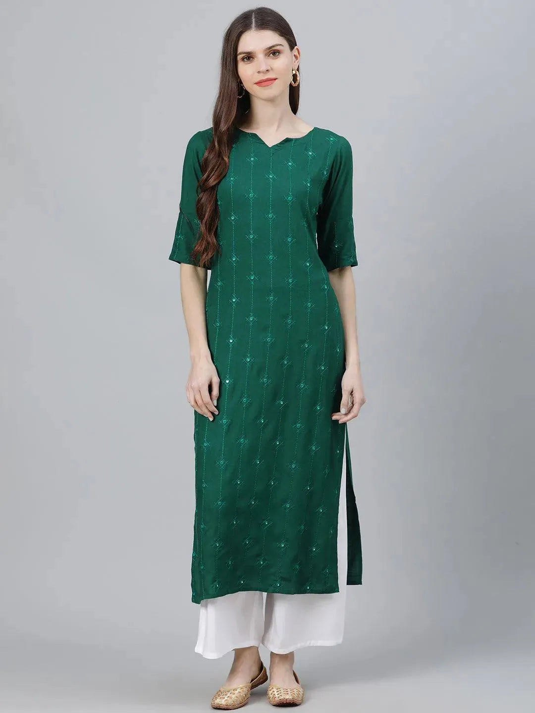 Green Embroidered Rayon Kurta Set - Libas 
