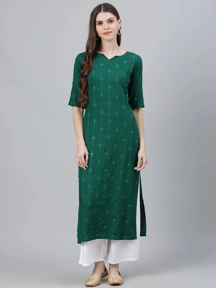 Green Embroidered Rayon Kurta Set - Libas