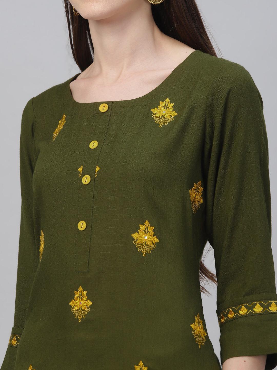 Green Embroidered Rayon Kurta Set - Libas