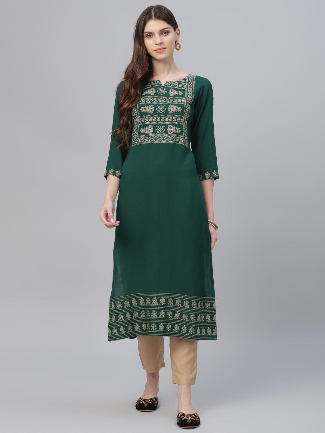 Green Embroidered Rayon Straight Kurta With Trousers