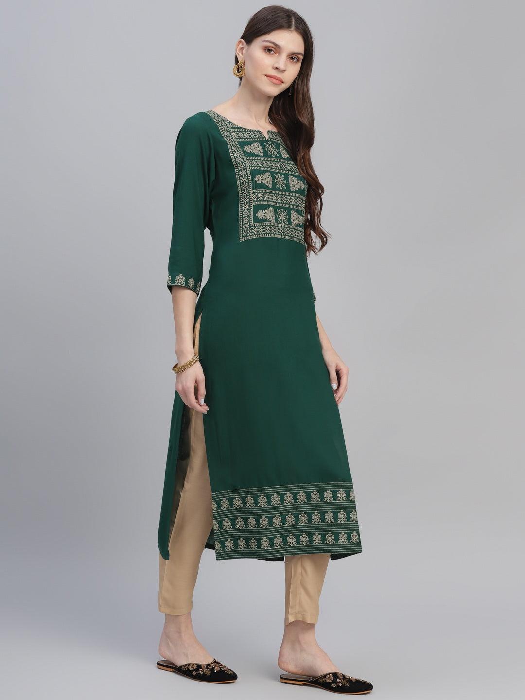 Green Embroidered Rayon Straight Kurta With Trousers
