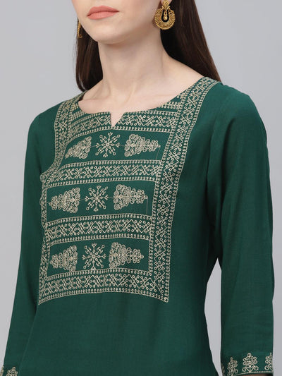 Green Embroidered Rayon Kurta Set - Libas