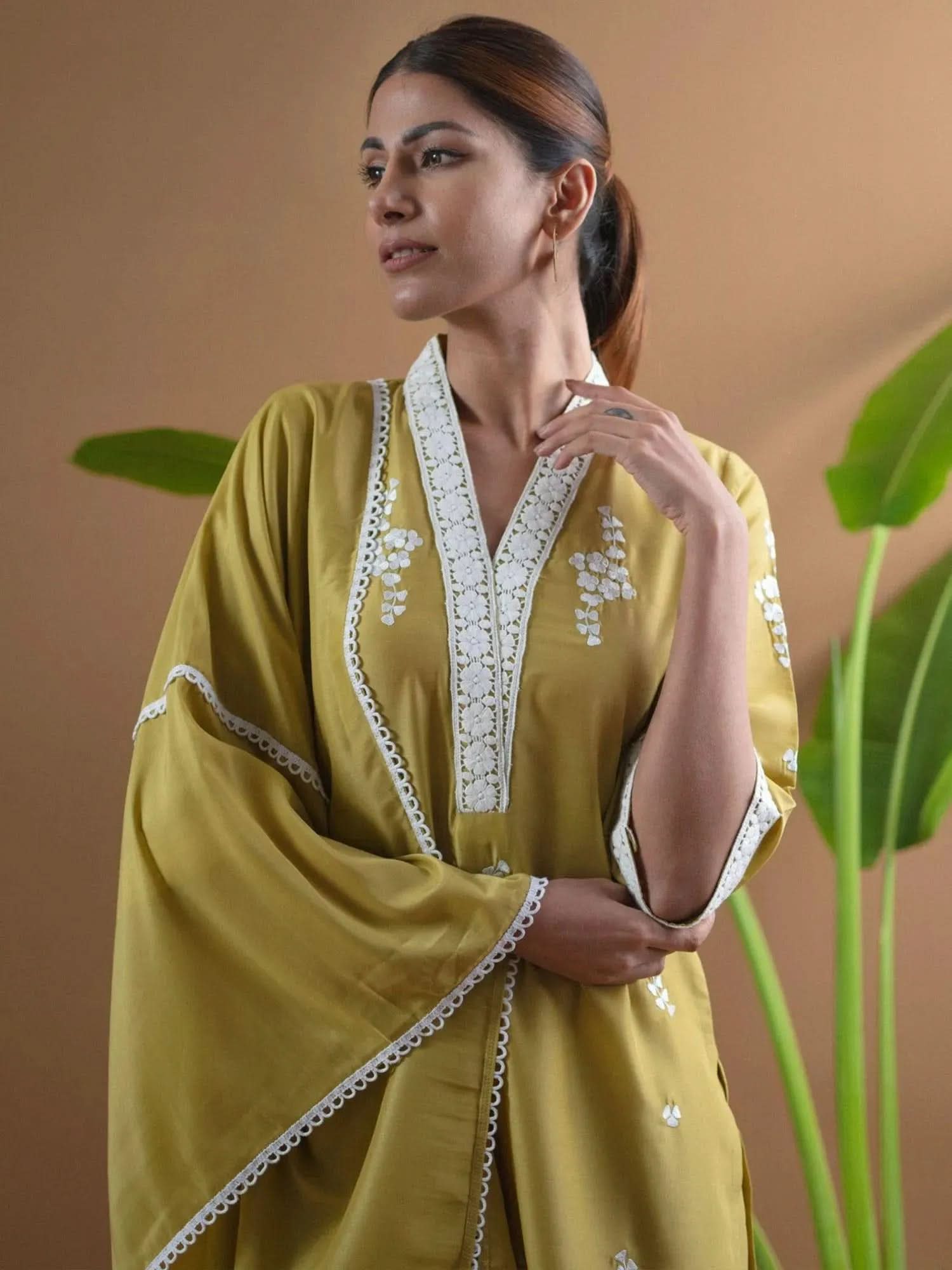 

Green Embroidered Shantoon Straight Kurta With Sharara & Dupatta