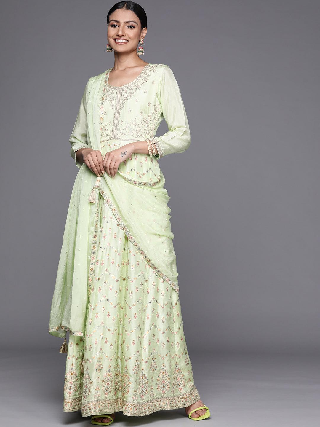 Green Embroidered Silk Anarkali Kurta With Churidar & Dupatta