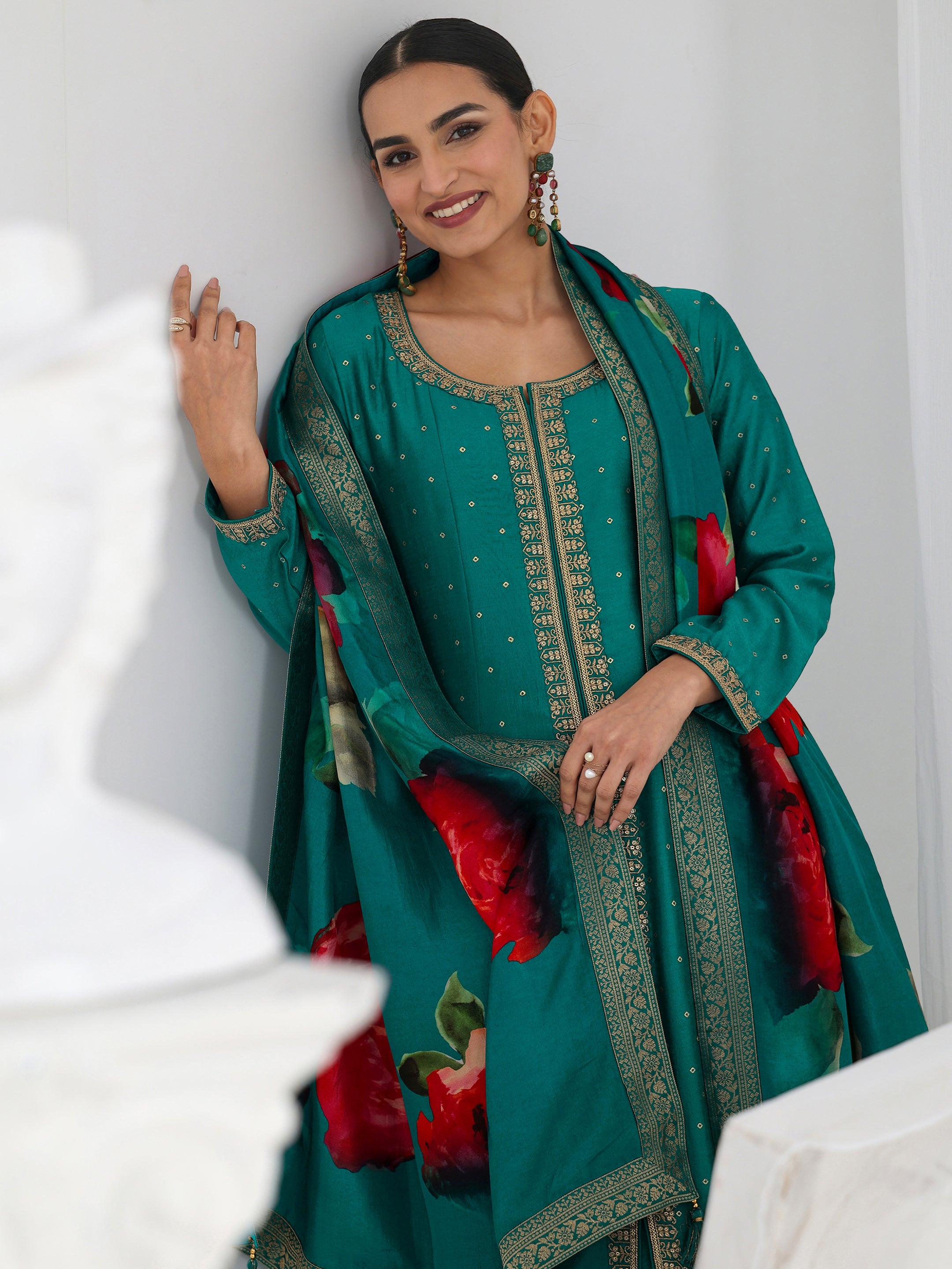 libas Green Embroidered Silk Blend A-Line Suit Set With Dupatta-picture-39