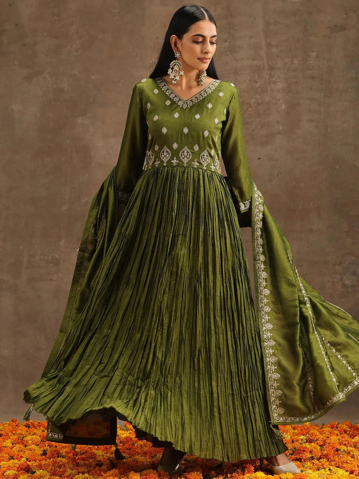 Green Embroidered Silk Blend Anarkali Kurta With Trousers & Dupatta - Libas