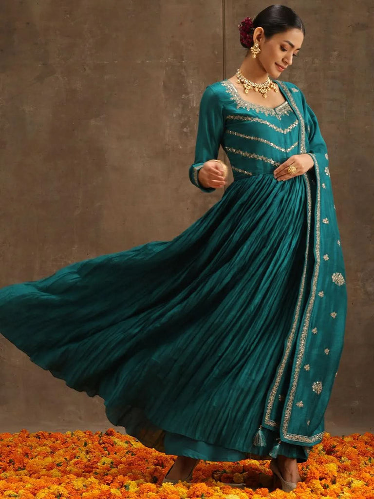 Libas Green Embroidered Silk Blend Anarkali Kurta With Trousers & Dupatta