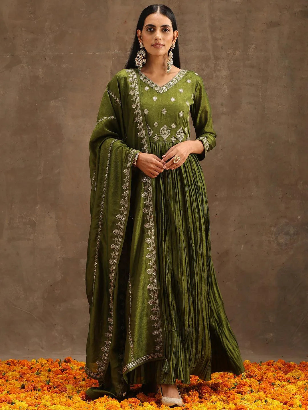 Green Embroidered Silk Blend Anarkali Kurta With Trousers & Dupatta - Libas 