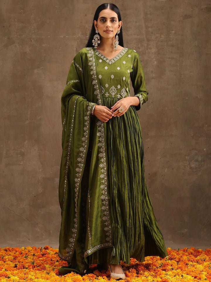 Green Embroidered Silk Blend Anarkali Kurta With Trousers & Dupatta - Libas