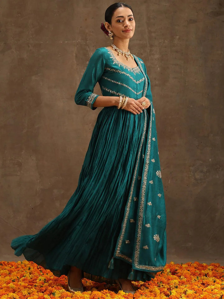 Green Embroidered Silk Blend Anarkali Suit Set With Trousers - Libas