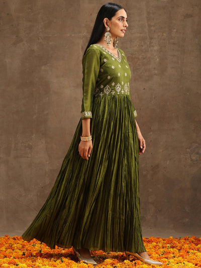 Green Embroidered Silk Blend Anarkali Suit Set With Trousers - Libas