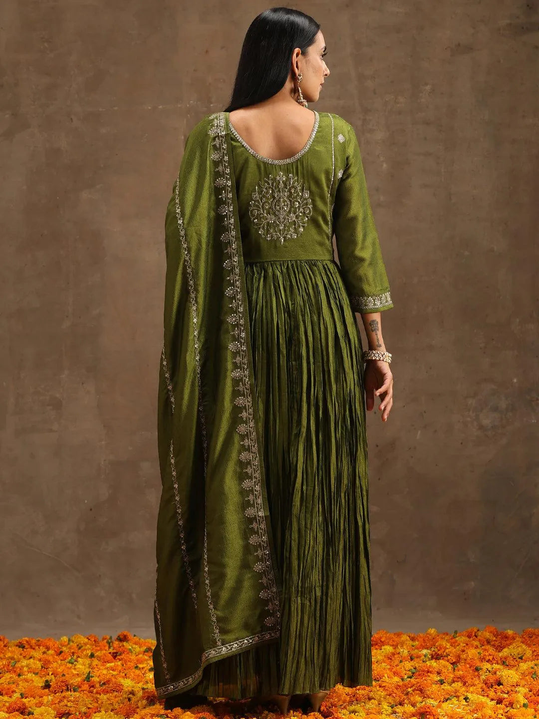 Green Embroidered Silk Blend Anarkali Kurta With Trousers & Dupatta - Libas 