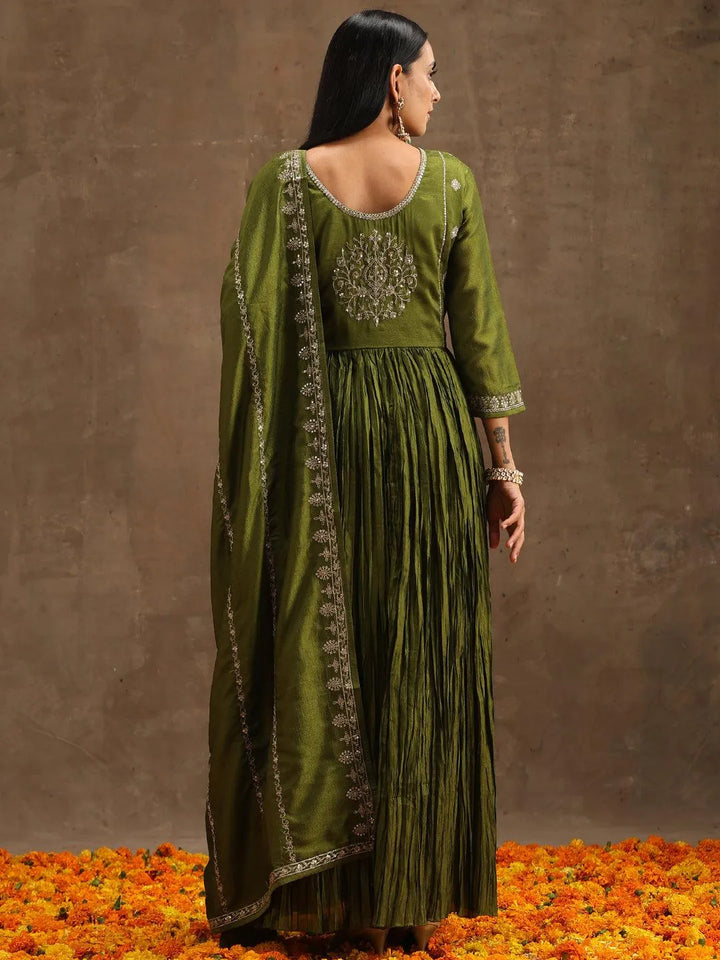 Green Embroidered Silk Blend Anarkali Kurta With Trousers & Dupatta - Libas