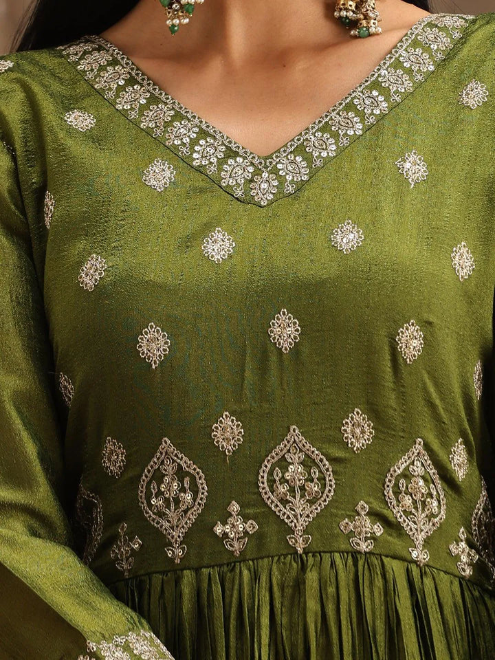 Green Embroidered Silk Blend Anarkali Kurta With Trousers & Dupatta - Libas