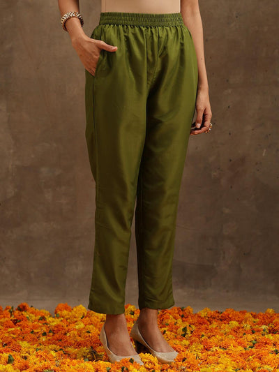 Green Embroidered Silk Blend Anarkali Kurta With Trousers & Dupatta - Libas