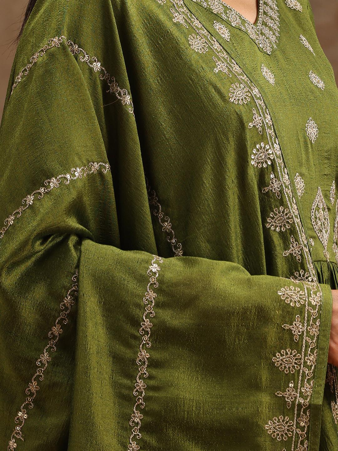 Green Embroidered Silk Blend Anarkali Kurta With Trousers & Dupatta - Libas