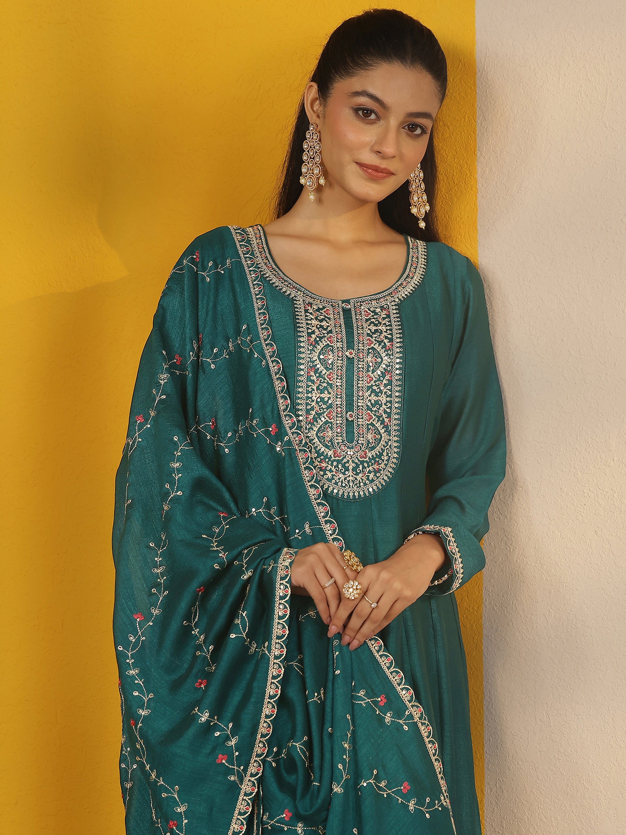 Emerald Green Embroidered Silk Blend Anarkali Suit Set With Dupatta — Libas 2026