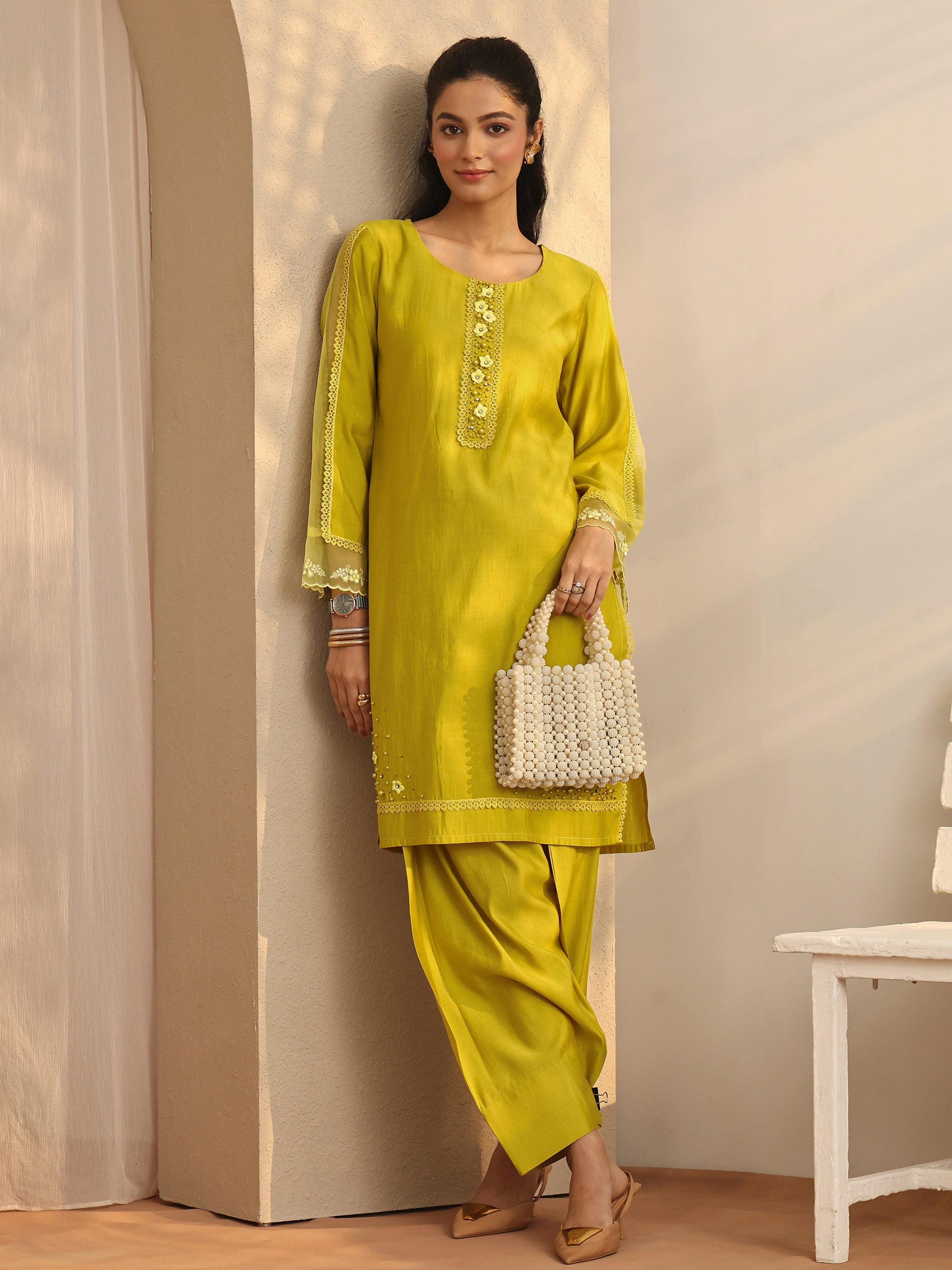 libas Green Embroidered Silk Blend Co-Ord Sets-picture-27