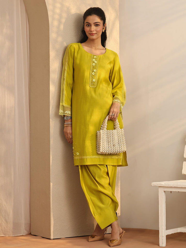 Libas Green Embroidered Silk Blend Co-Ord Sets