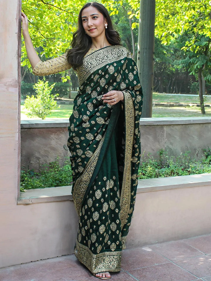 Green Embroidered Silk Blend Saree - Libas