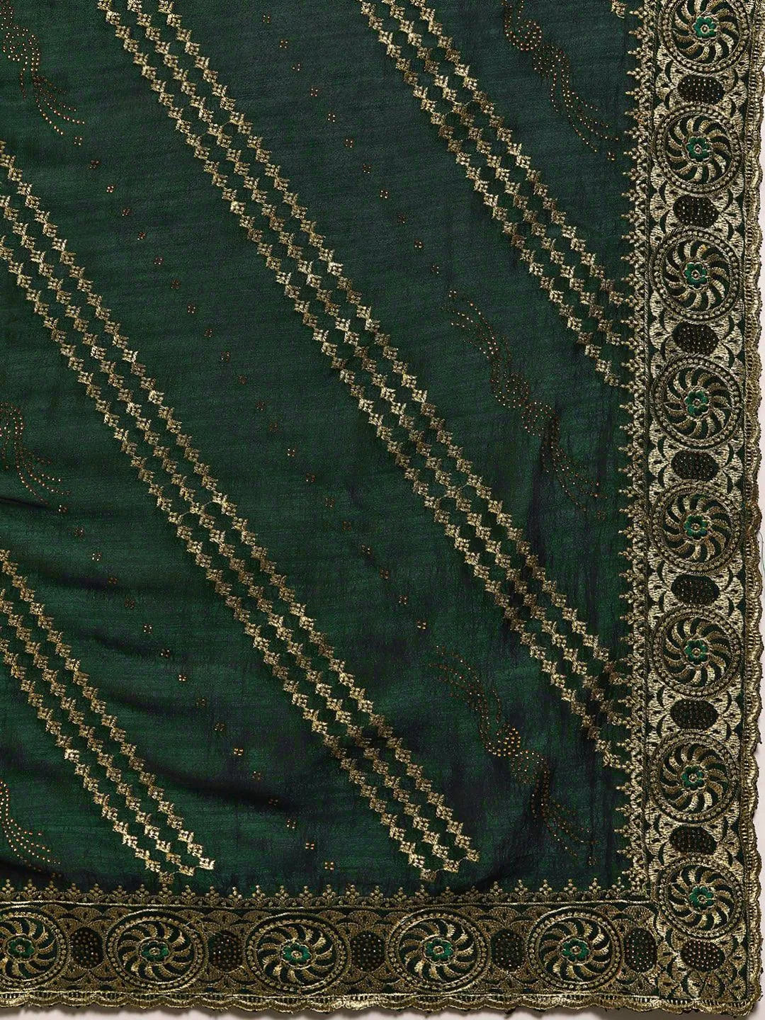 Green Embroidered Silk Blend Saree - Libas 