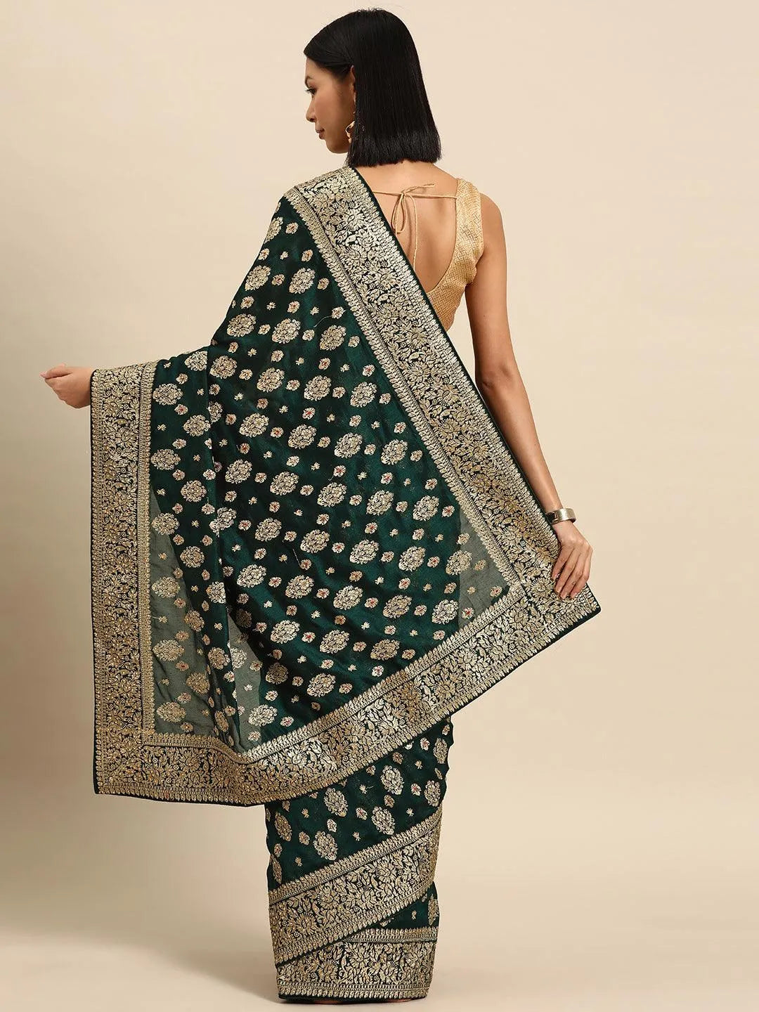 Green Embroidered Silk Blend Saree - Libas 