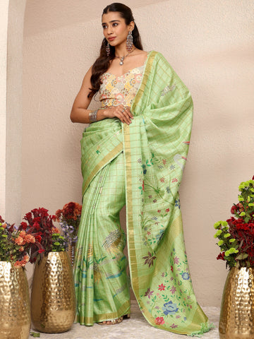 Green Embroidered Silk Blend Saree With Unstitched Blouse Piece