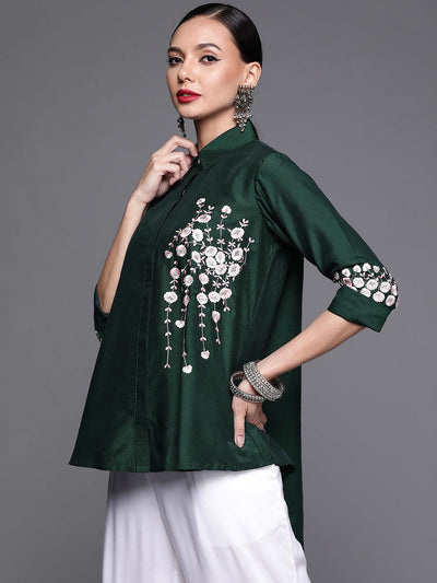Green Embroidered Silk Blend Shirt - Libas