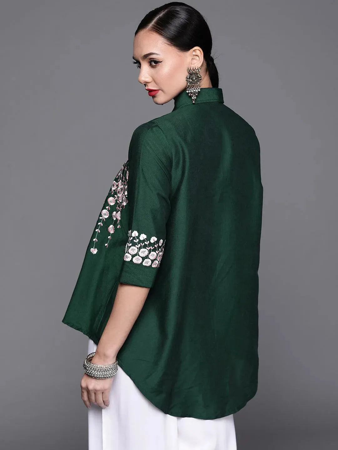 Green Embroidered Silk Blend Shirt - Libas