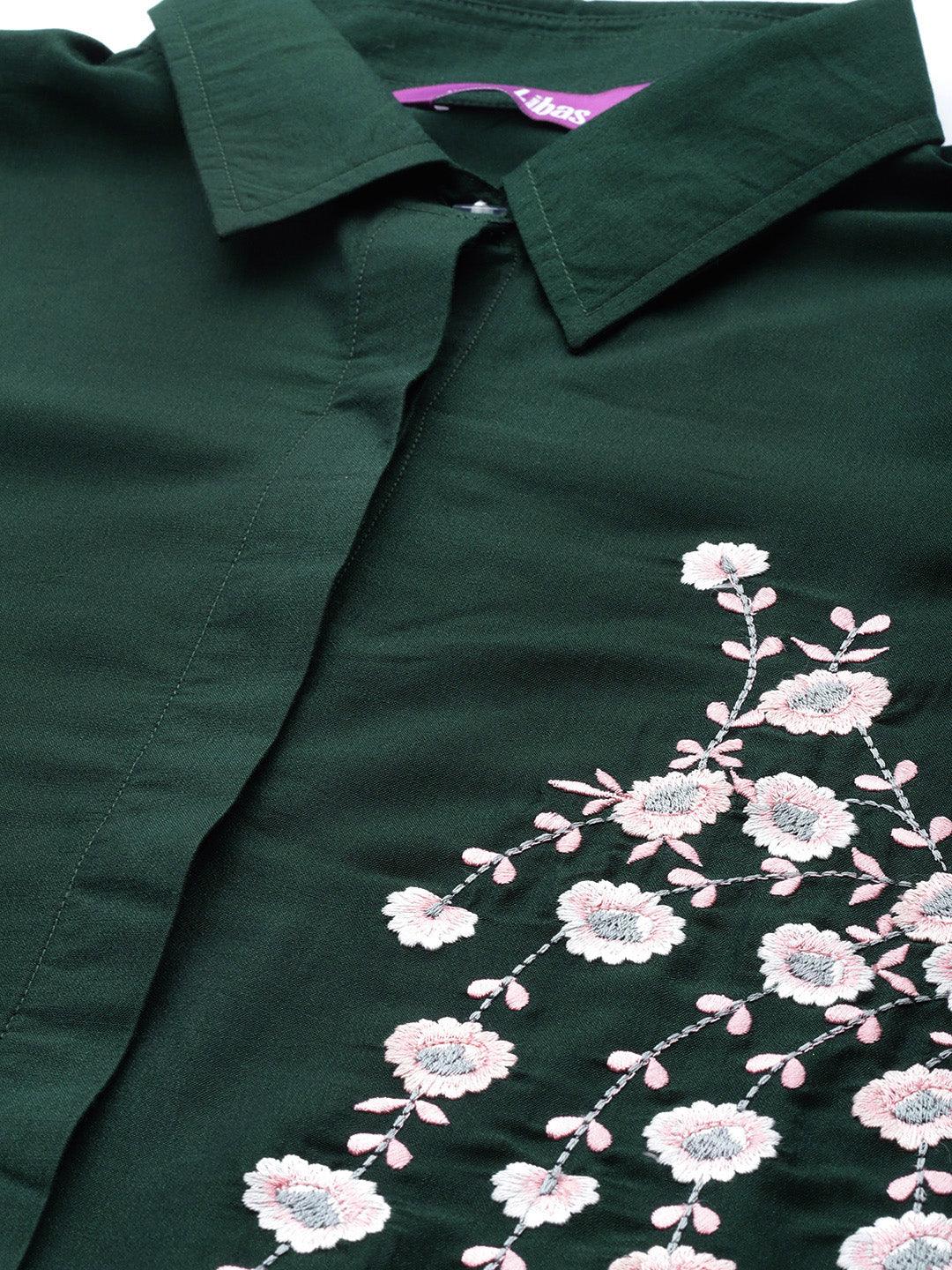 Green Embroidered Silk Blend Shirt - Libas