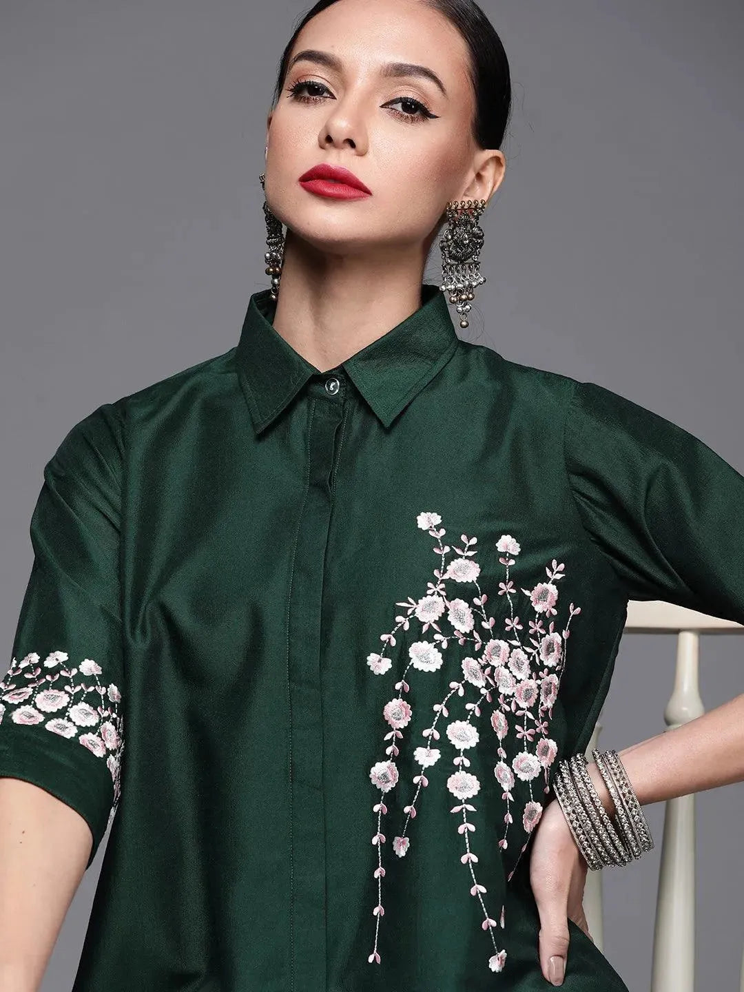 Green Embroidered Silk Blend Shirt - Libas