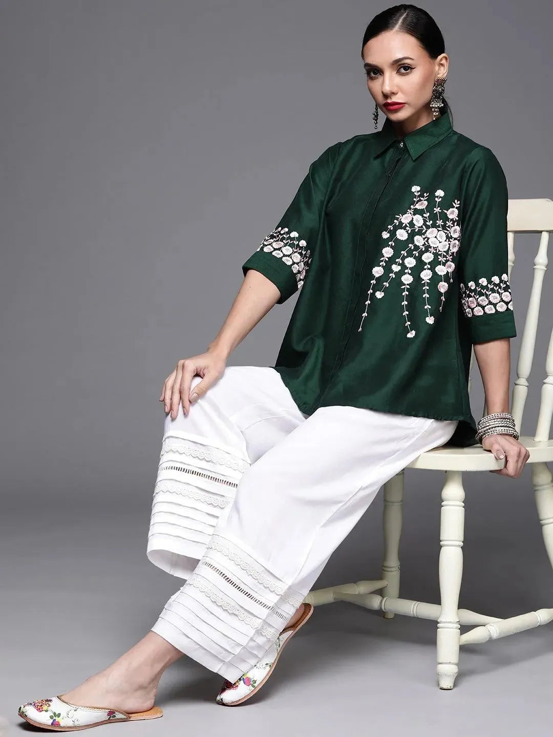 Green Embroidered Silk Blend Shirt - Libas