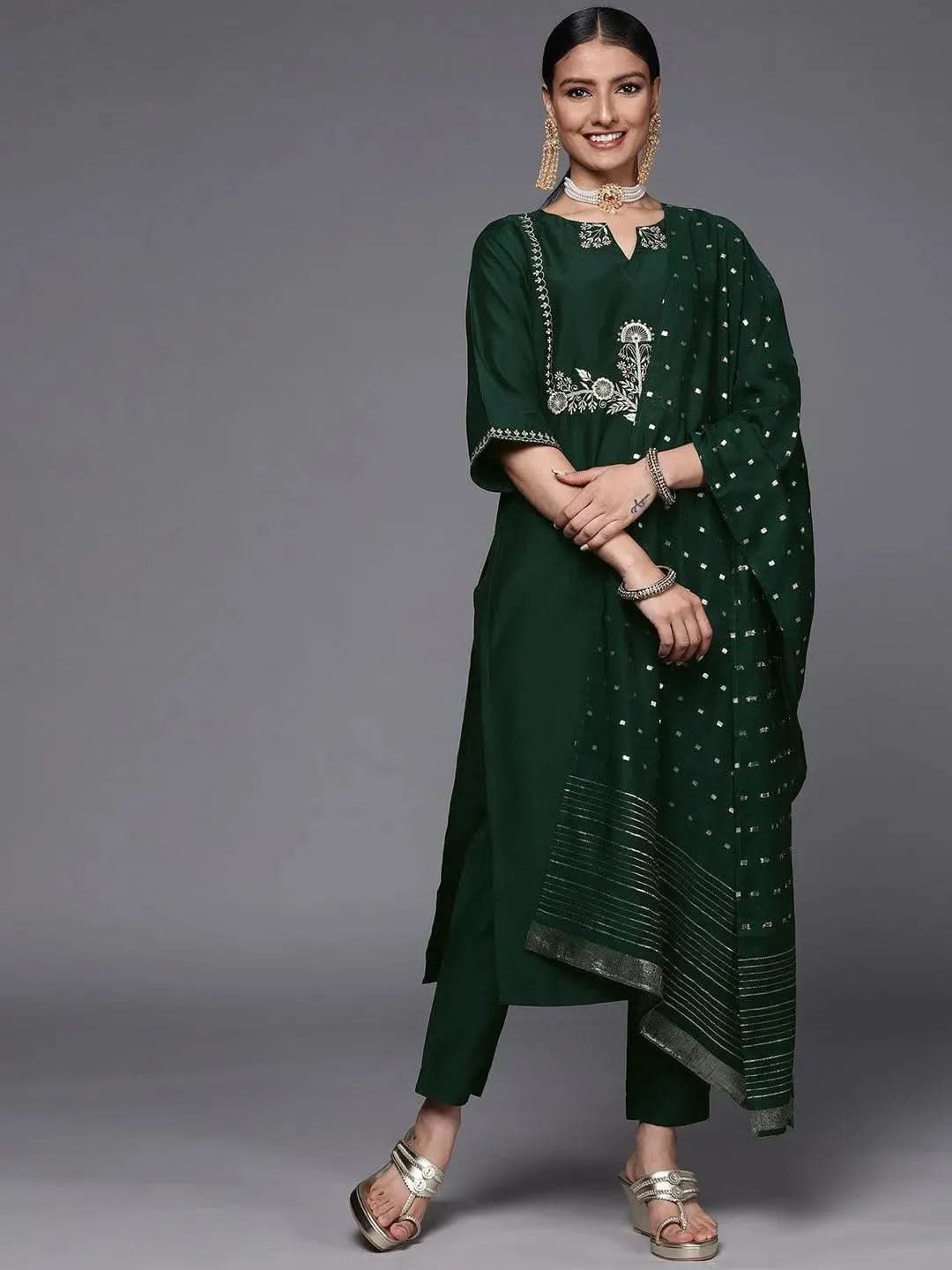 Green Embroidered Silk Blend Straight Suit Set - Libas 