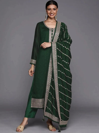 Green Embroidered Silk Blend Suit Set - Libas