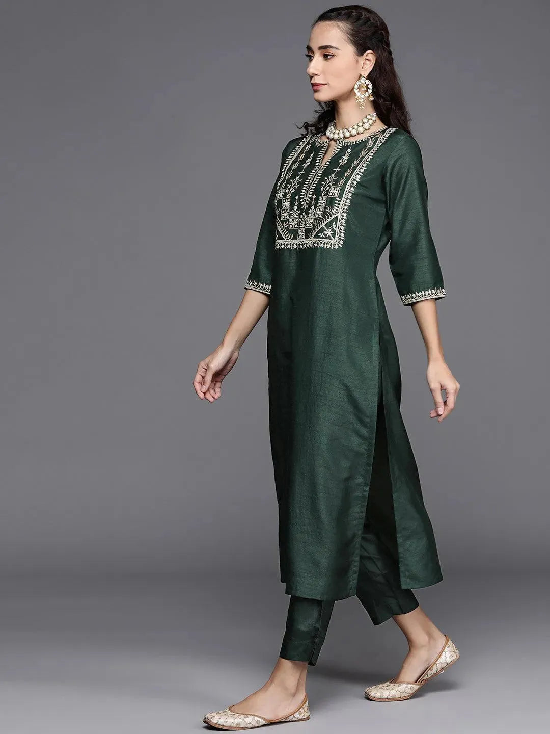 Green Embroidered Silk Blend Suit Set - Libas 