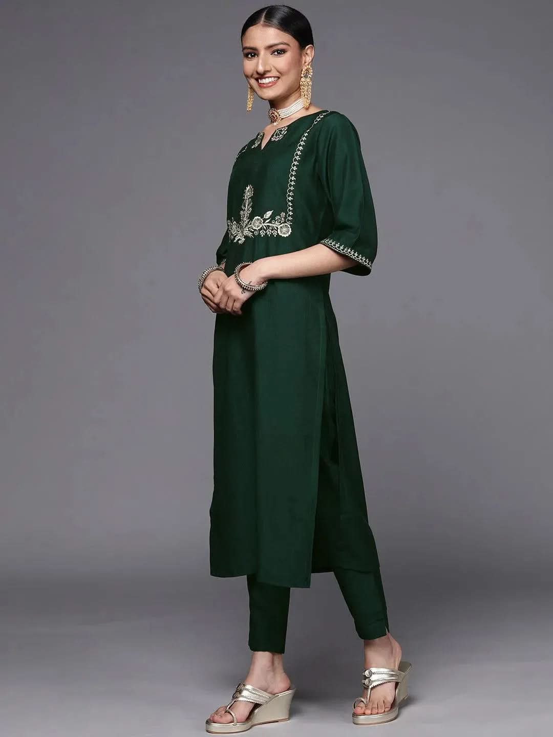 Green Embroidered Silk Blend Straight Suit Set - Libas 