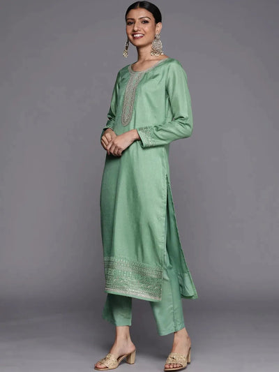 Green Embroidered Silk Blend Suit Set - Libas