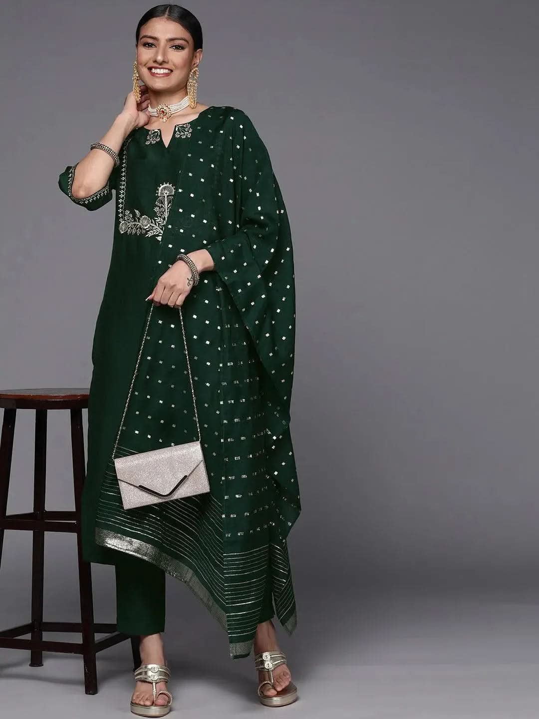 Green Embroidered Silk Blend Straight Suit Set - Libas 