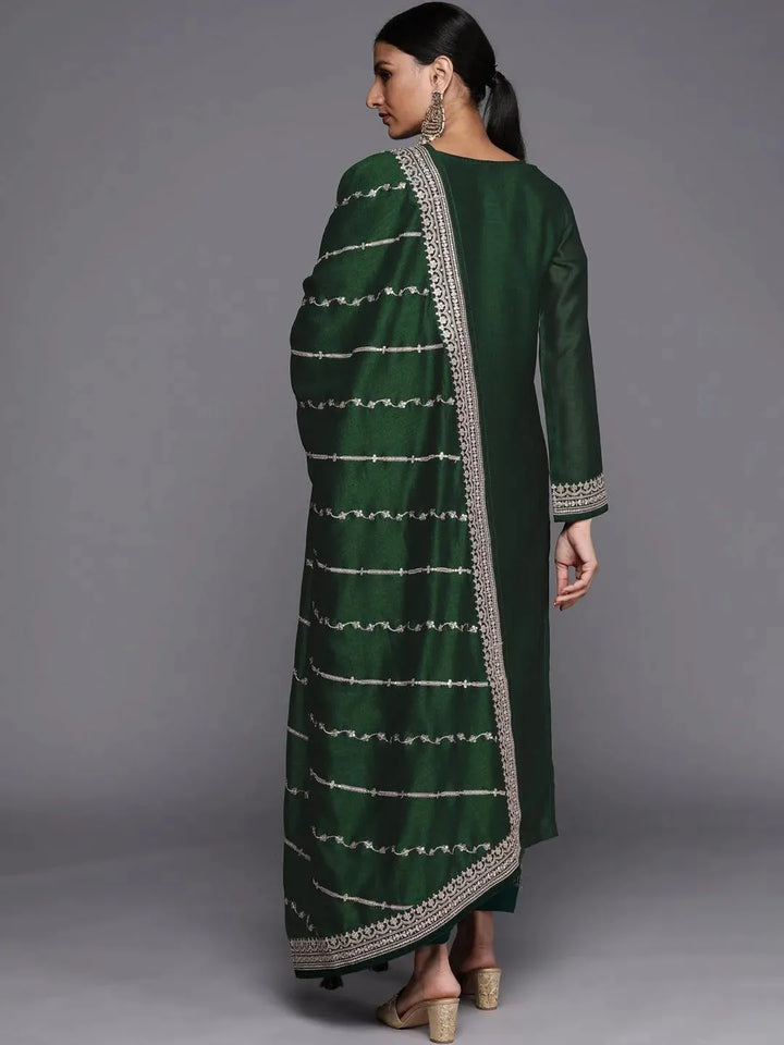 Green Embroidered Silk Blend Straight Suit Set - Libas