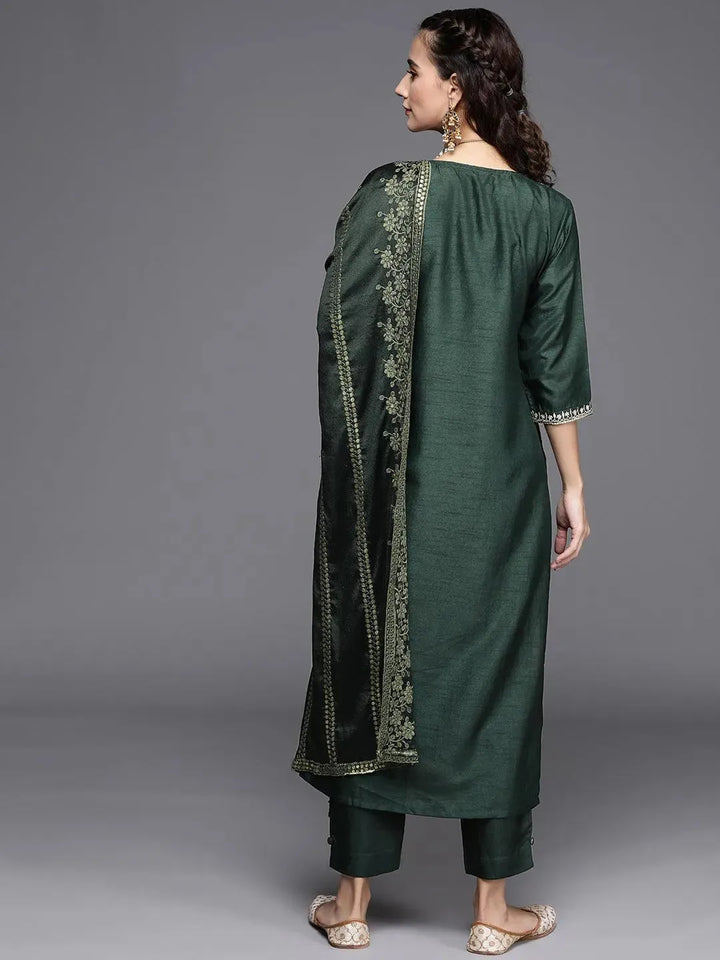 Green Embroidered Silk Blend Suit Set - Libas